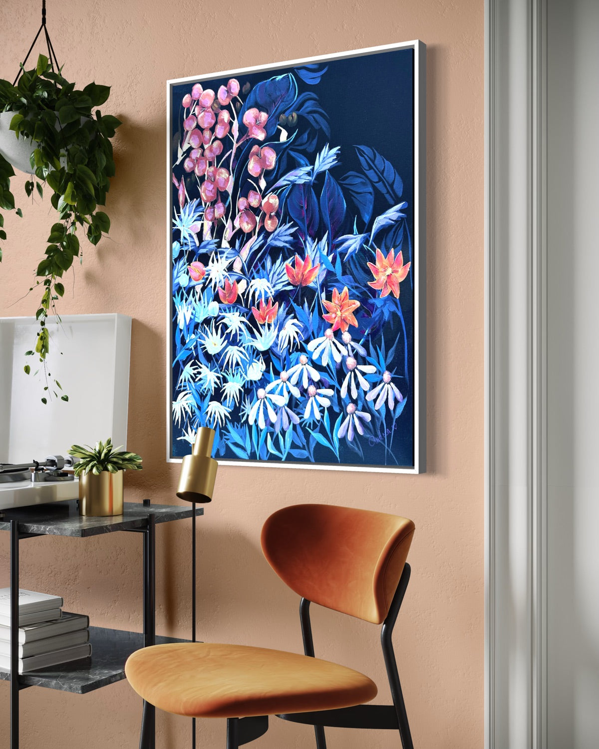Andrea Nicole 'Emerging Through Fear' fine art canvas in a white tray float frame, shown on the wall in a styled room setting. | an:family=canvas;role=hero;finish=white;scene=white_3