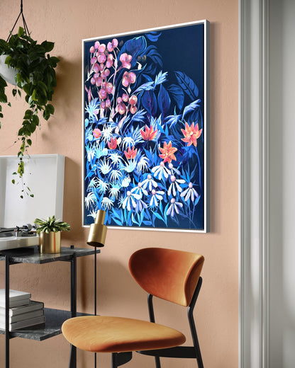 Andrea Nicole 'Emerging Through Fear' fine art canvas in a white tray float frame, shown on the wall in a styled room setting. | an:family=canvas;role=hero;finish=white;scene=white_3