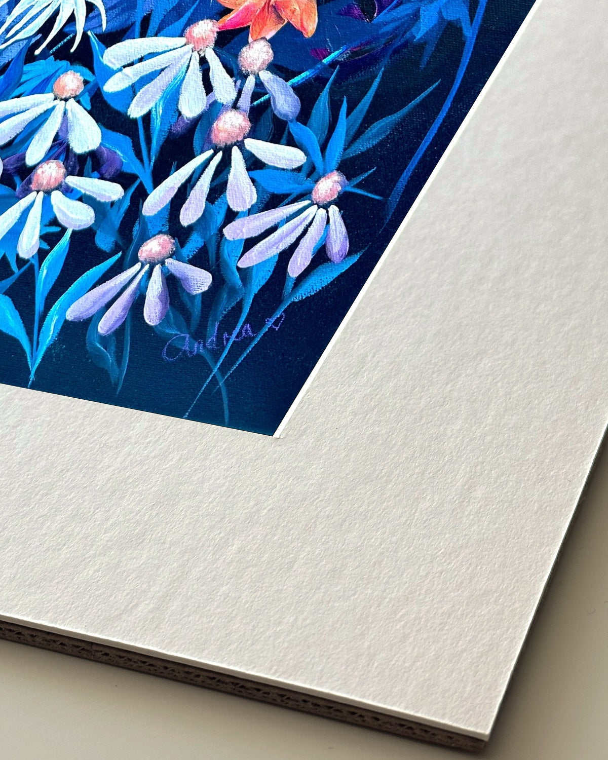 Andrea Nicole 'Emerging Through Fear' giclée fine art print in an off-white window mount, shown corner-on so the bevel-cut window opening, 100% cotton paper and mount board are visible. | an:family=print;role=mount