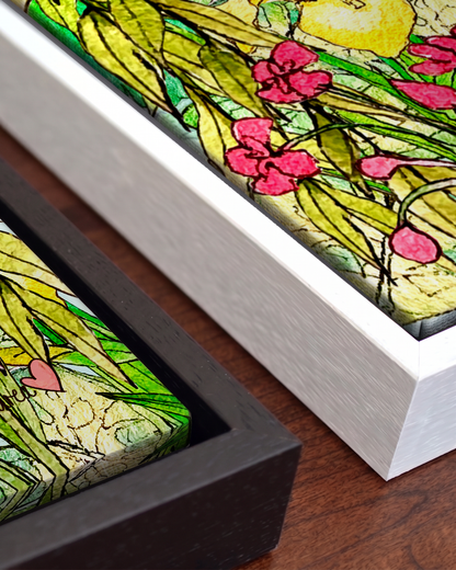 Andrea Nicole 'Halcyon River' gallery canvas in a tray float frame — close detail of the floating edge and frame moulding. | an:family=canvas;role=hero