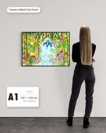 Andrea Nicole 'Halcyon River' fine art canvas in a black tray float frame, A1 — shown to scale on a gallery wall with a size guide card. | an:family=canvas;role=sizeref;size=A1;finish=black