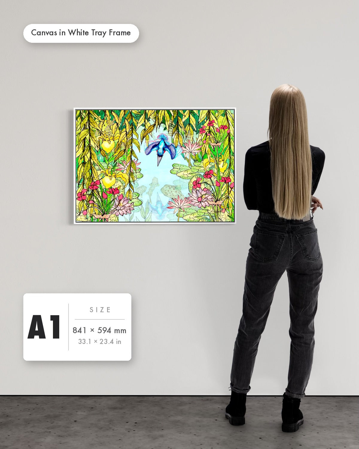 Andrea Nicole 'Halcyon River' fine art canvas in a white tray float frame, A1 — shown to scale on a gallery wall with a size guide card. | an:family=canvas;role=sizeref;size=A1;finish=white