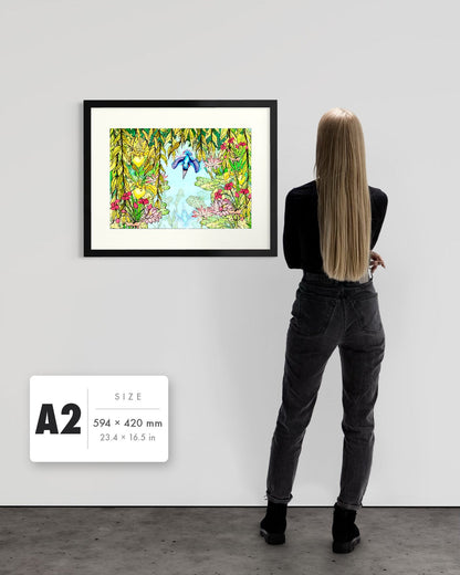 Halcyon River — A2 (594 x 420 mm) black frame art print shown to scale beside a person, with a size guide card. | an:family=print;role=sizeref;size=A2;finish=black