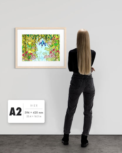 Halcyon River — A2 (594 x 420 mm) natural frame art print shown to scale beside a person, with a size guide card. | an:family=print;role=sizeref;size=A2;finish=natural