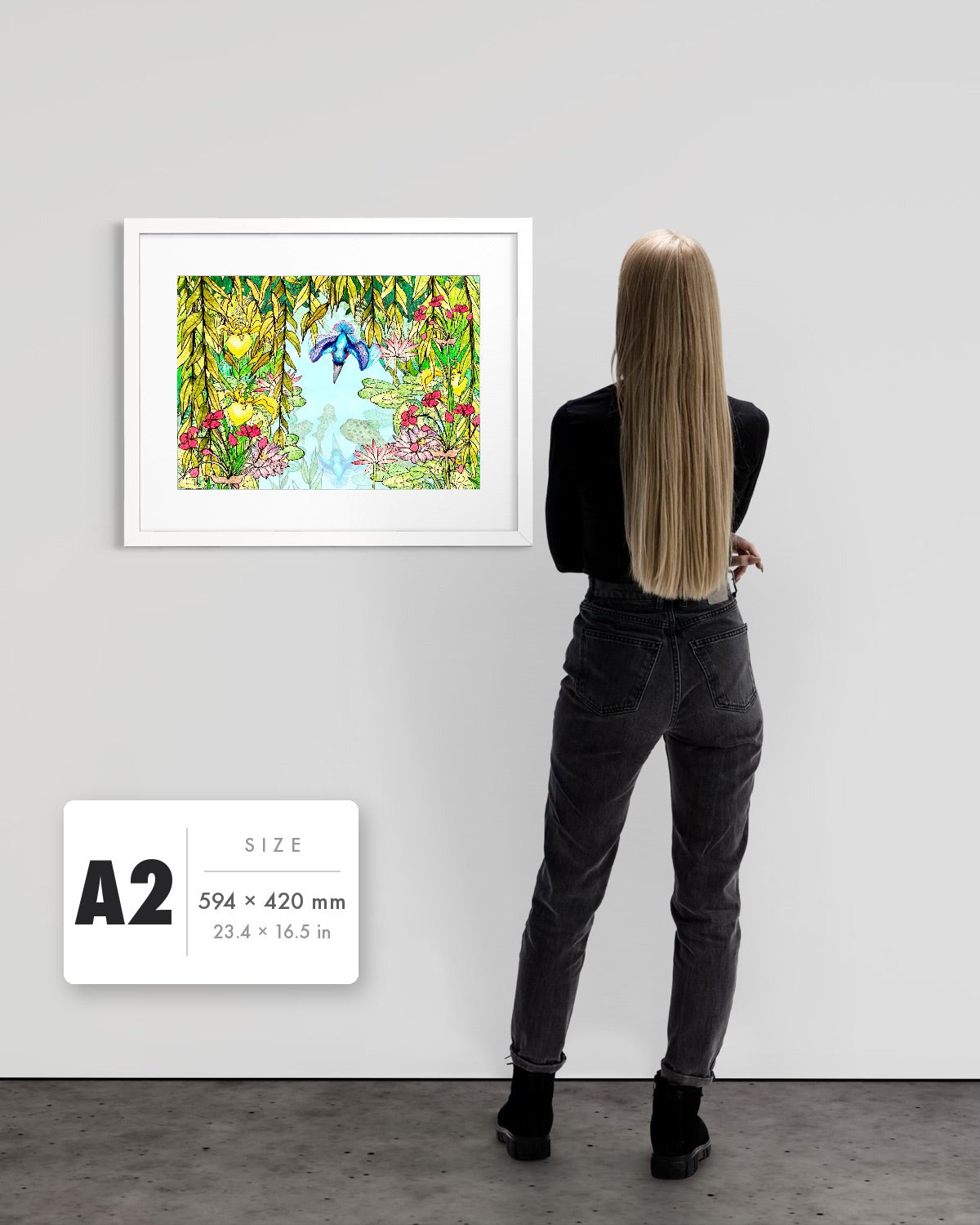 Halcyon River — A2 (594 x 420 mm) white frame art print shown to scale beside a person, with a size guide card. | an:family=print;role=sizeref;size=A2;finish=white