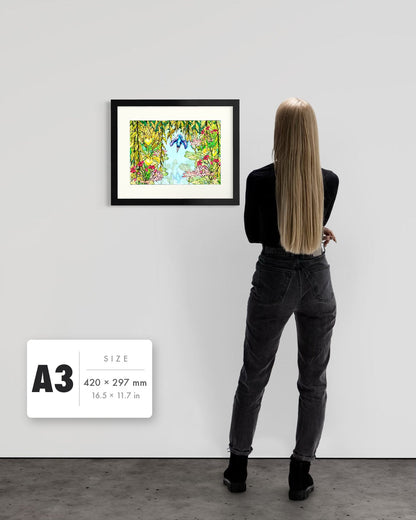 Halcyon River — A3 (420 x 297 mm) black frame art print shown to scale beside a person, with a size guide card. | an:family=print;role=sizeref;size=A3;finish=black