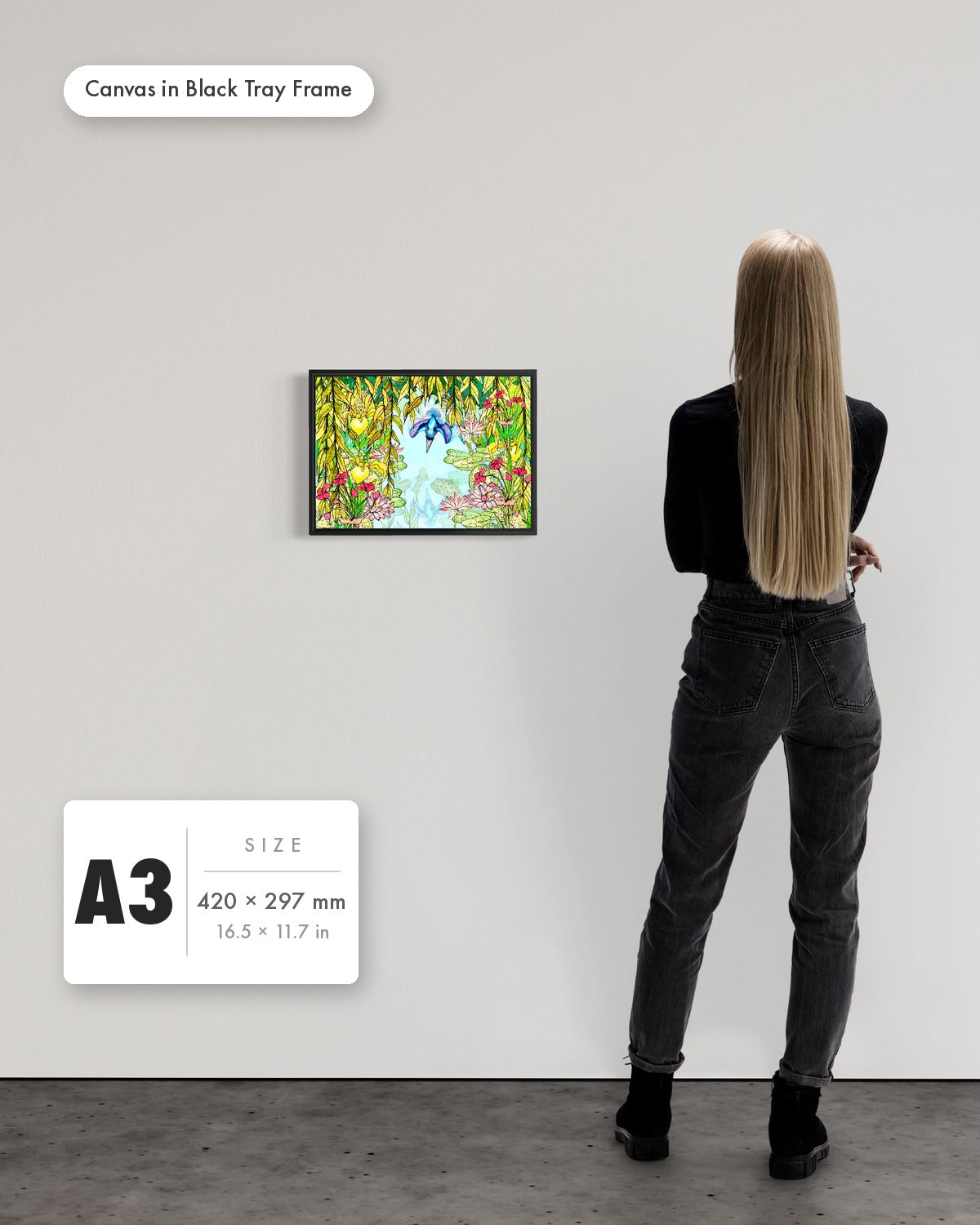 Andrea Nicole 'Halcyon River' fine art canvas in a black tray float frame, A3 — shown to scale on a gallery wall with a size guide card. | an:family=canvas;role=sizeref;size=A3;finish=black