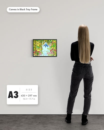 Andrea Nicole 'Halcyon River' fine art canvas in a black tray float frame, A3 — shown to scale on a gallery wall with a size guide card. | an:family=canvas;role=sizeref;size=A3;finish=black