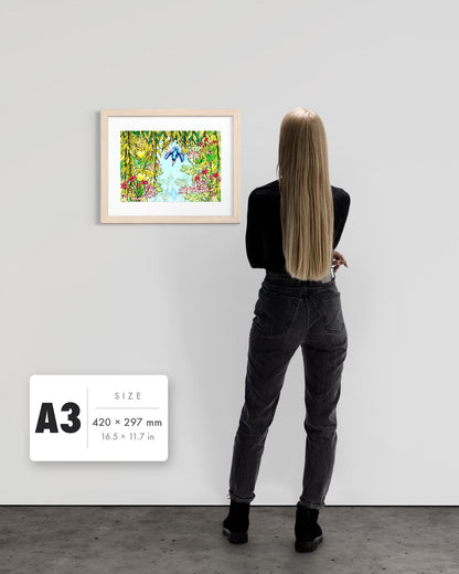 Halcyon River — A3 (420 x 297 mm) natural frame art print shown to scale beside a person, with a size guide card. | an:family=print;role=sizeref;size=A3;finish=natural