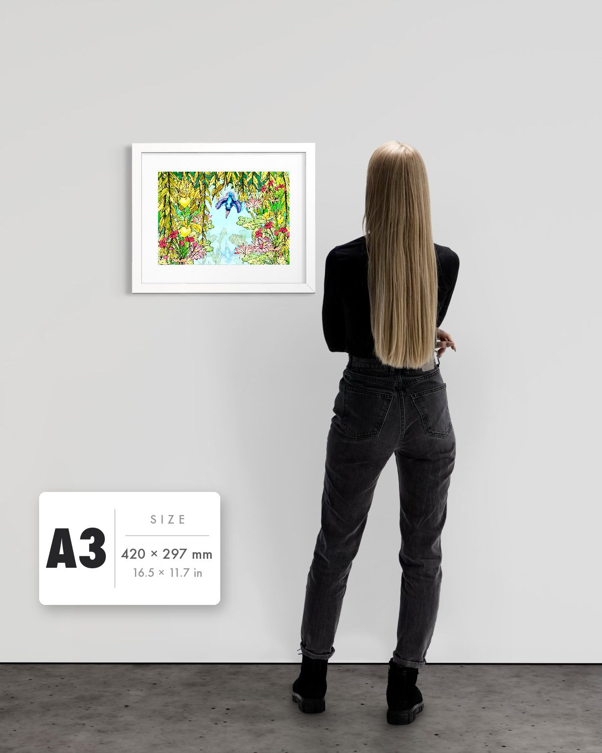 Halcyon River — A3 (420 x 297 mm) white frame art print shown to scale beside a person, with a size guide card. | an:family=print;role=sizeref;size=A3;finish=white