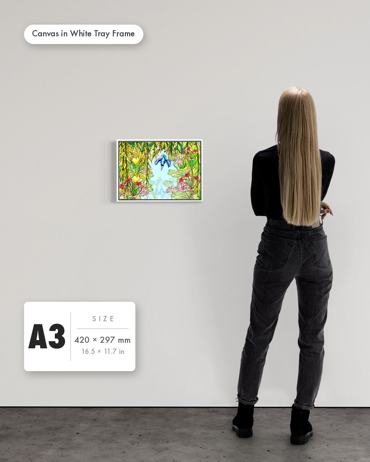 Andrea Nicole 'Halcyon River' fine art canvas in a white tray float frame, A3 — shown to scale on a gallery wall with a size guide card. | an:family=canvas;role=sizeref;size=A3;finish=white