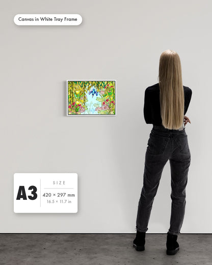 Andrea Nicole 'Halcyon River' fine art canvas in a white tray float frame, A3 — shown to scale on a gallery wall with a size guide card. | an:family=canvas;role=sizeref;size=A3;finish=white