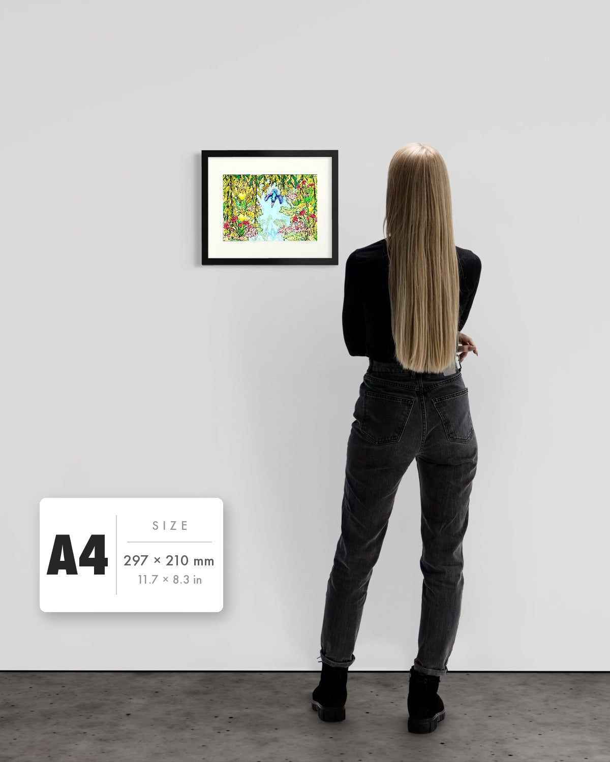 Halcyon River — A4 (297 x 210 mm) black frame art print shown to scale beside a person, with a size guide card. | an:family=print;role=sizeref;size=A4;finish=black
