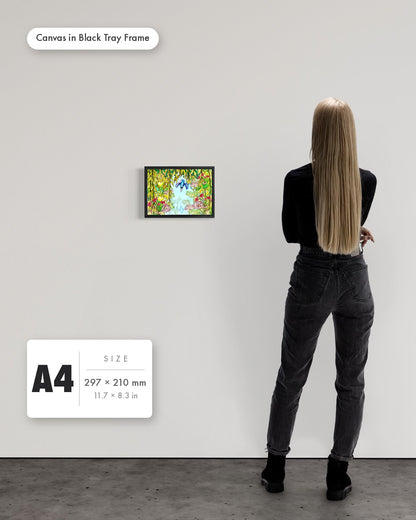 Andrea Nicole 'Halcyon River' fine art canvas in a black tray float frame, A4 — shown to scale on a gallery wall with a size guide card. | an:family=canvas;role=sizeref;size=A4;finish=black