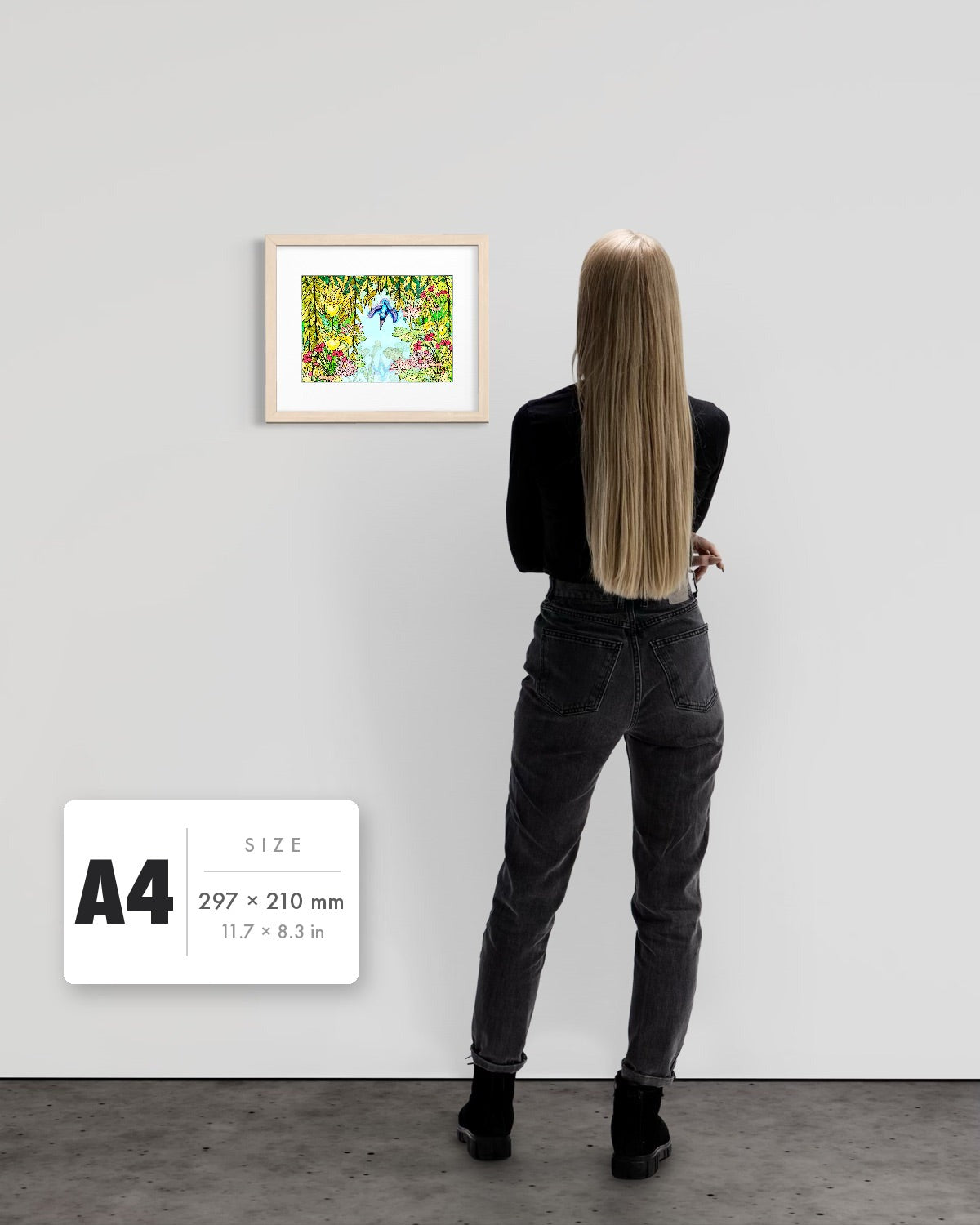 Halcyon River — A4 (297 x 210 mm) natural frame art print shown to scale beside a person, with a size guide card. | an:family=print;role=sizeref;size=A4;finish=natural