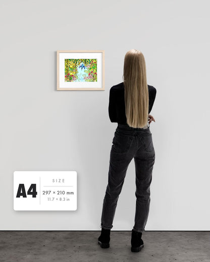 Halcyon River — A4 (297 x 210 mm) natural frame art print shown to scale beside a person, with a size guide card. | an:family=print;role=sizeref;size=A4;finish=natural
