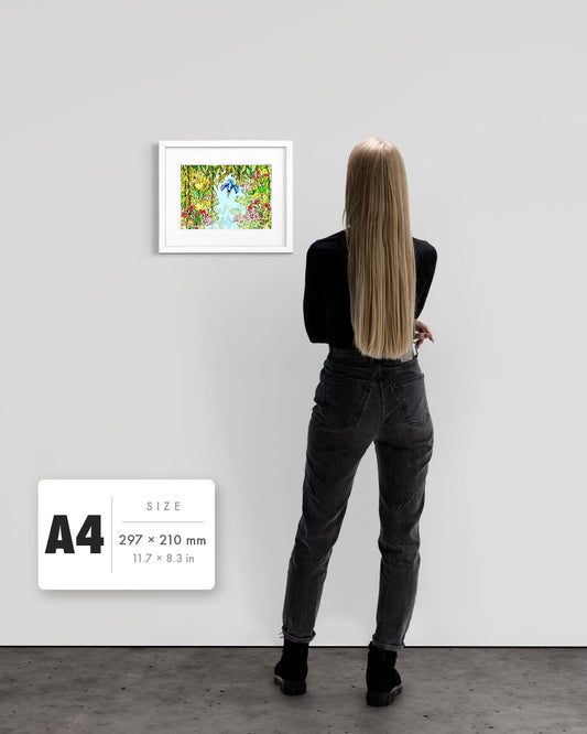 Halcyon River — A4 (297 x 210 mm) white frame art print shown to scale beside a person, with a size guide card. | an:family=print;role=sizeref;size=A4;finish=white