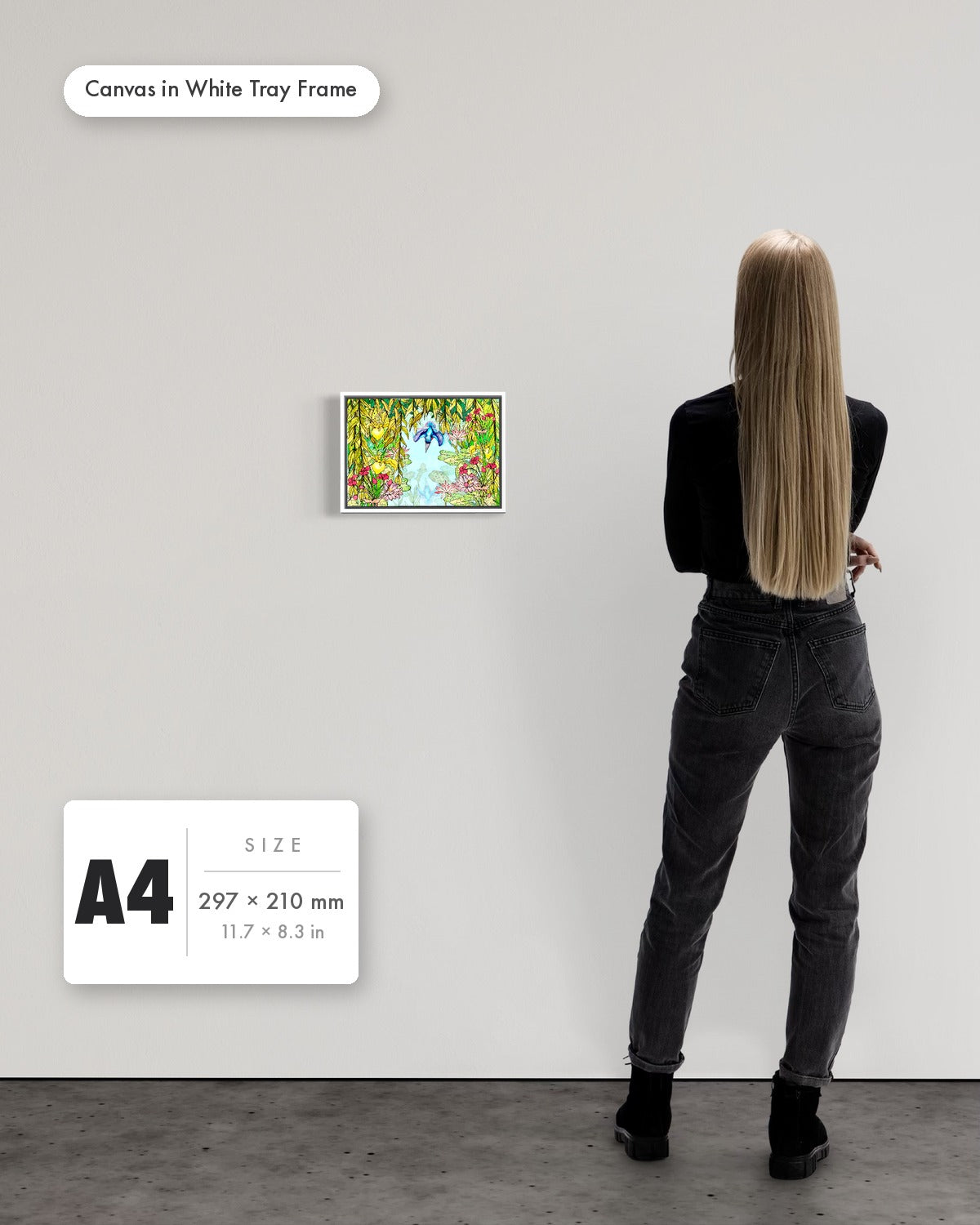 Andrea Nicole 'Halcyon River' fine art canvas in a white tray float frame, A4 — shown to scale on a gallery wall with a size guide card. | an:family=canvas;role=sizeref;size=A4;finish=white