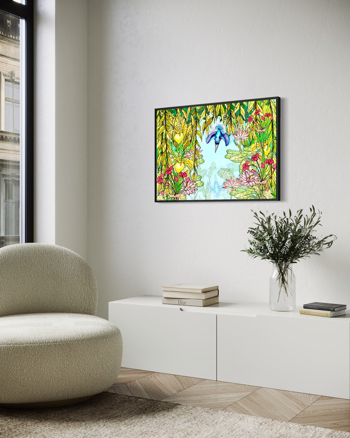 Andrea Nicole 'Halcyon River' fine art canvas in a black tray float frame, shown on the wall in a styled room setting. | an:family=canvas;role=hero;finish=black;scene=black_1
