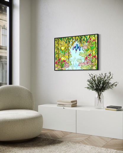 Andrea Nicole 'Halcyon River' fine art canvas in a black tray float frame, shown on the wall in a styled room setting. | an:family=canvas;role=hero;finish=black;scene=black_1