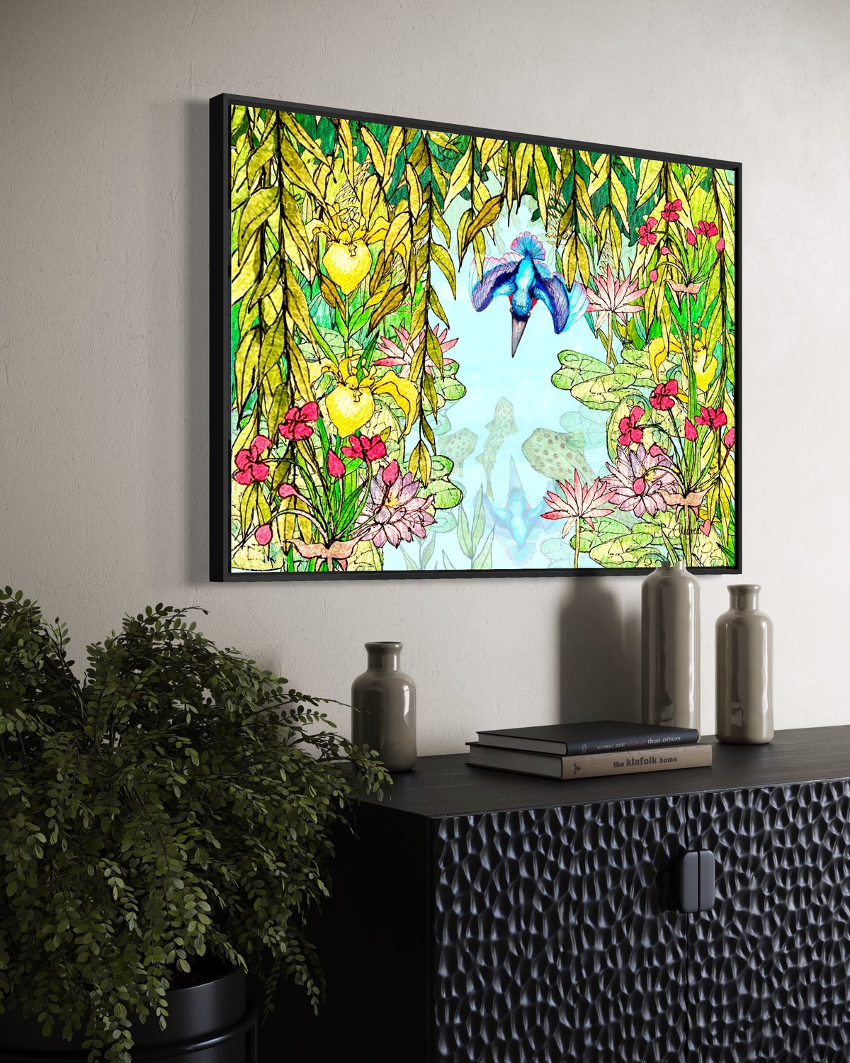 Andrea Nicole 'Halcyon River' fine art canvas in a black tray float frame, shown on the wall in a styled room setting. | an:family=canvas;role=hero;finish=black;scene=black_2