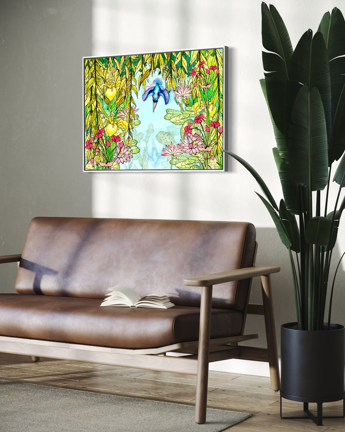 Andrea Nicole 'Halcyon River' fine art canvas in a white tray float frame, shown on the wall in a styled room setting. | an:family=canvas;role=hero;finish=white;scene=white_1