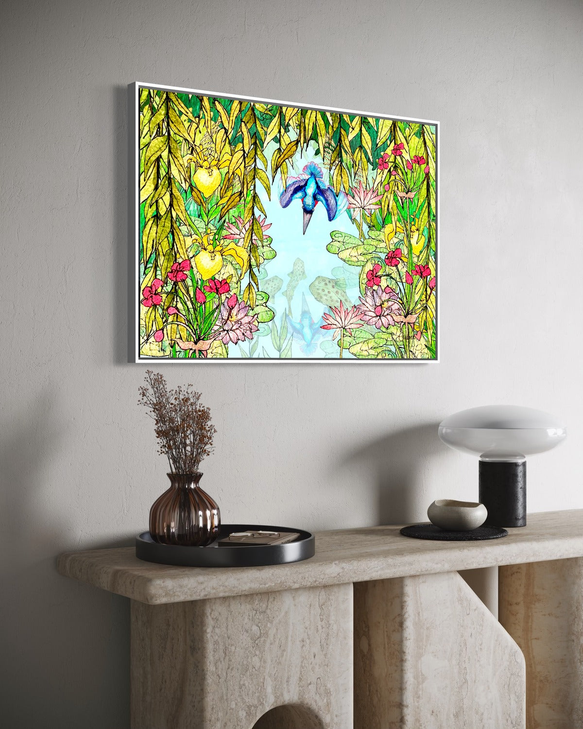 Andrea Nicole 'Halcyon River' fine art canvas in a white tray float frame, shown on the wall in a styled room setting. | an:family=canvas;role=hero;finish=white;scene=white_2