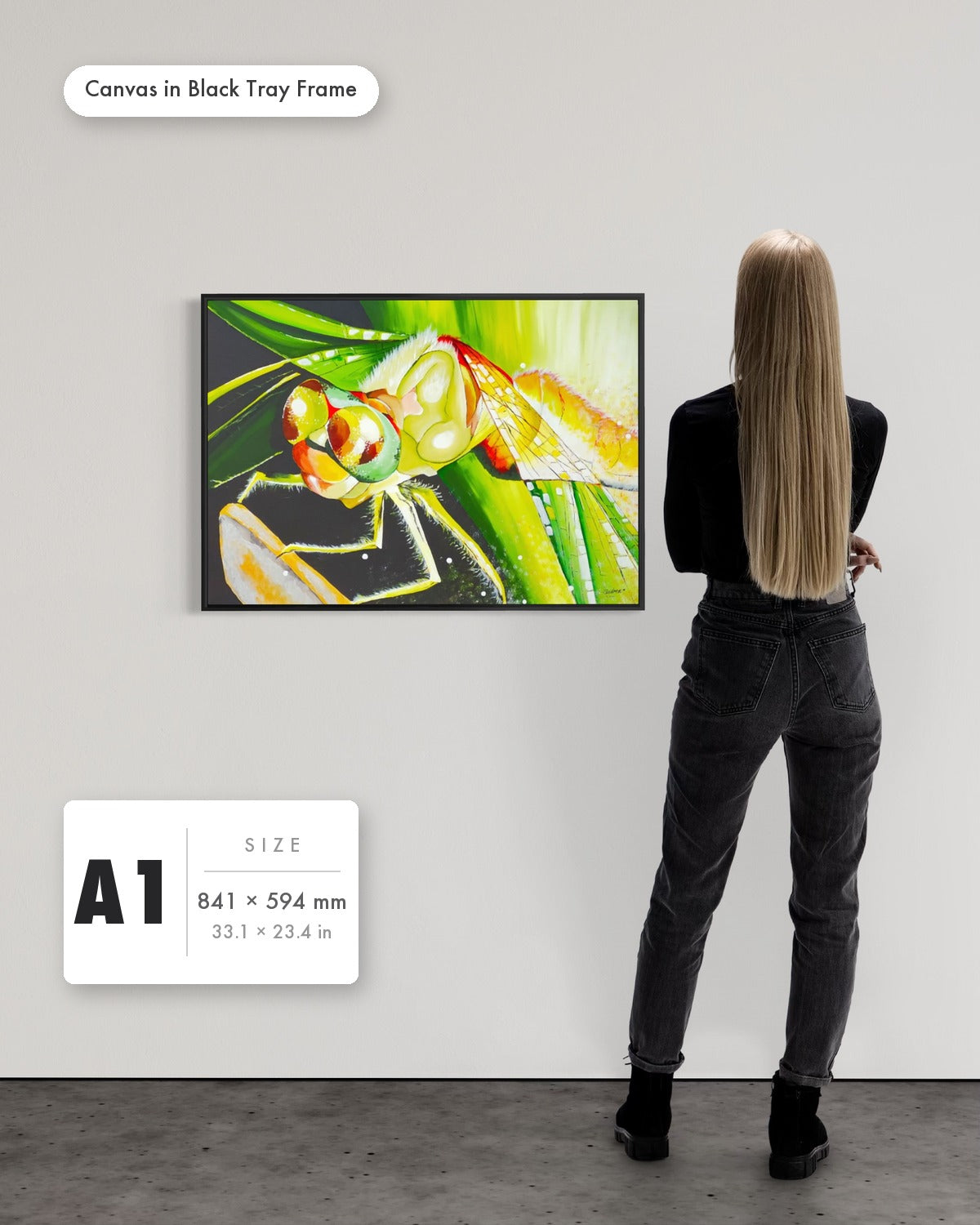 Andrea Nicole 'Just For a Moment' fine art canvas in a black tray float frame, A1 — shown to scale on a gallery wall with a size guide card. | an:family=canvas;role=sizeref;size=A1;finish=black