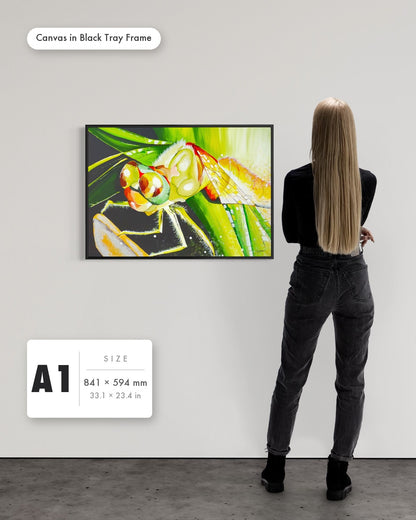 Andrea Nicole 'Just For a Moment' fine art canvas in a black tray float frame, A1 — shown to scale on a gallery wall with a size guide card. | an:family=canvas;role=sizeref;size=A1;finish=black