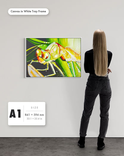 Andrea Nicole 'Just For a Moment' fine art canvas in a white tray float frame, A1 — shown to scale on a gallery wall with a size guide card. | an:family=canvas;role=sizeref;size=A1;finish=white