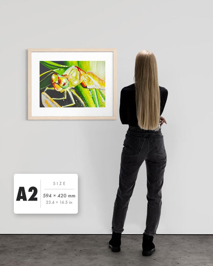 Just For a Moment — A2 (594 x 420 mm) natural frame art print shown to scale beside a person, with a size guide card. | an:family=print;role=sizeref;size=A2;finish=natural