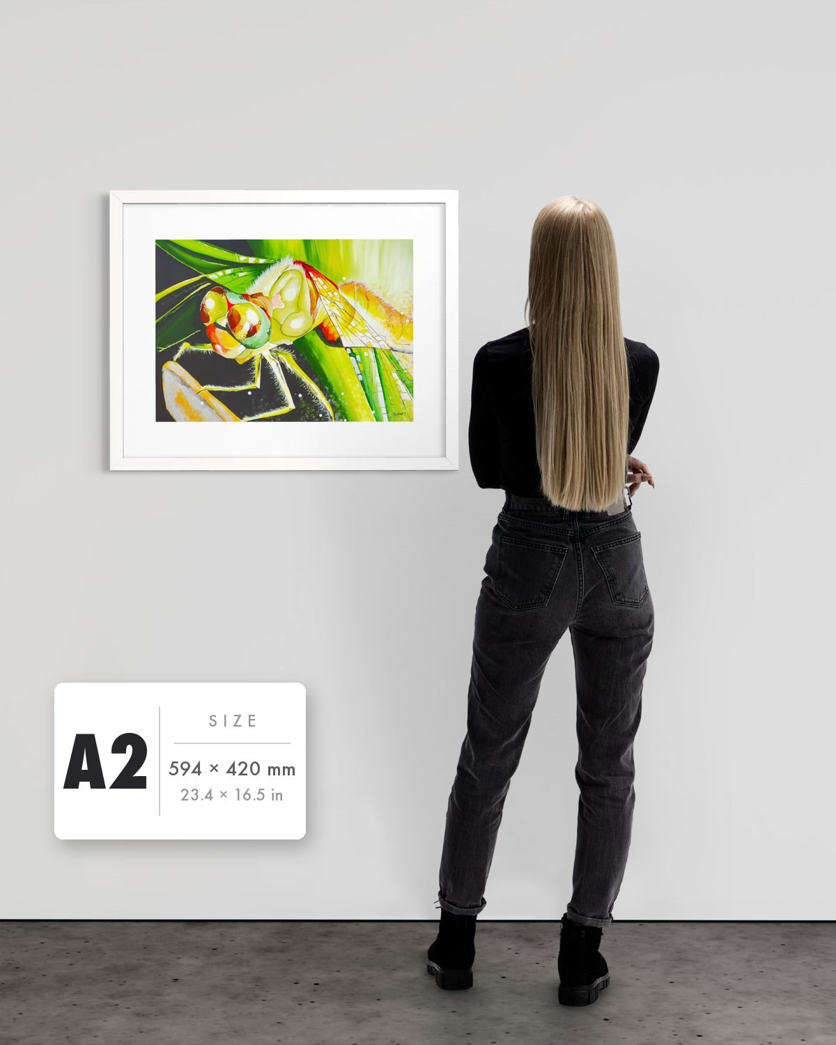 Just For a Moment — A2 (594 x 420 mm) white frame art print shown to scale beside a person, with a size guide card. | an:family=print;role=sizeref;size=A2;finish=white