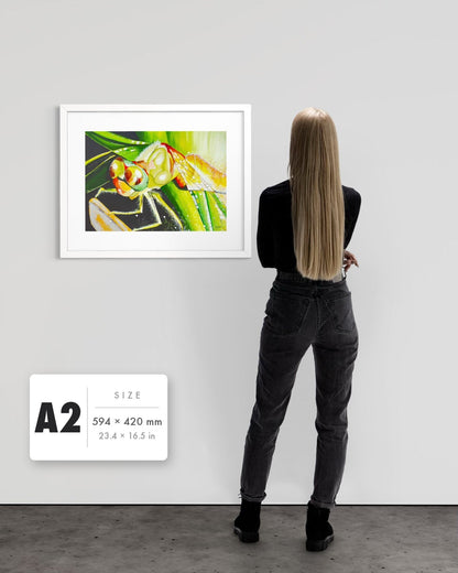 Just For a Moment — A2 (594 x 420 mm) white frame art print shown to scale beside a person, with a size guide card. | an:family=print;role=sizeref;size=A2;finish=white