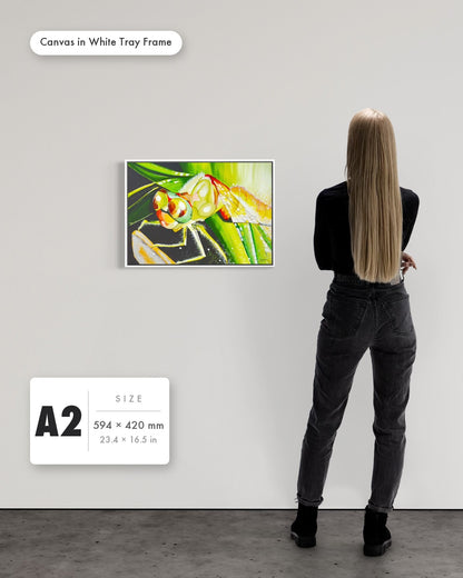 Andrea Nicole 'Just For a Moment' fine art canvas in a white tray float frame, A2 — shown to scale on a gallery wall with a size guide card. | an:family=canvas;role=sizeref;size=A2;finish=white
