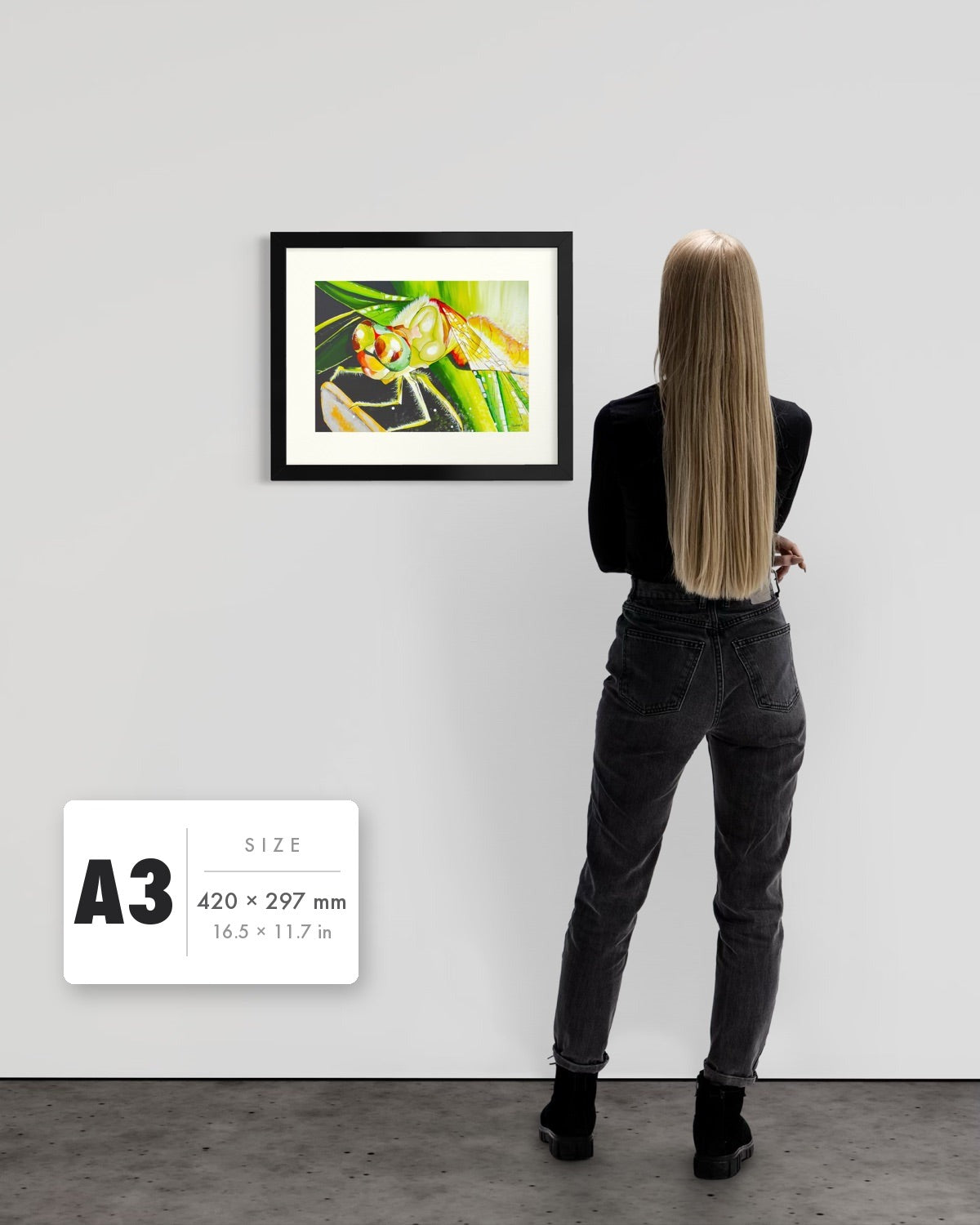 Just For a Moment — A3 (420 x 297 mm) black frame art print shown to scale beside a person, with a size guide card. | an:family=print;role=sizeref;size=A3;finish=black