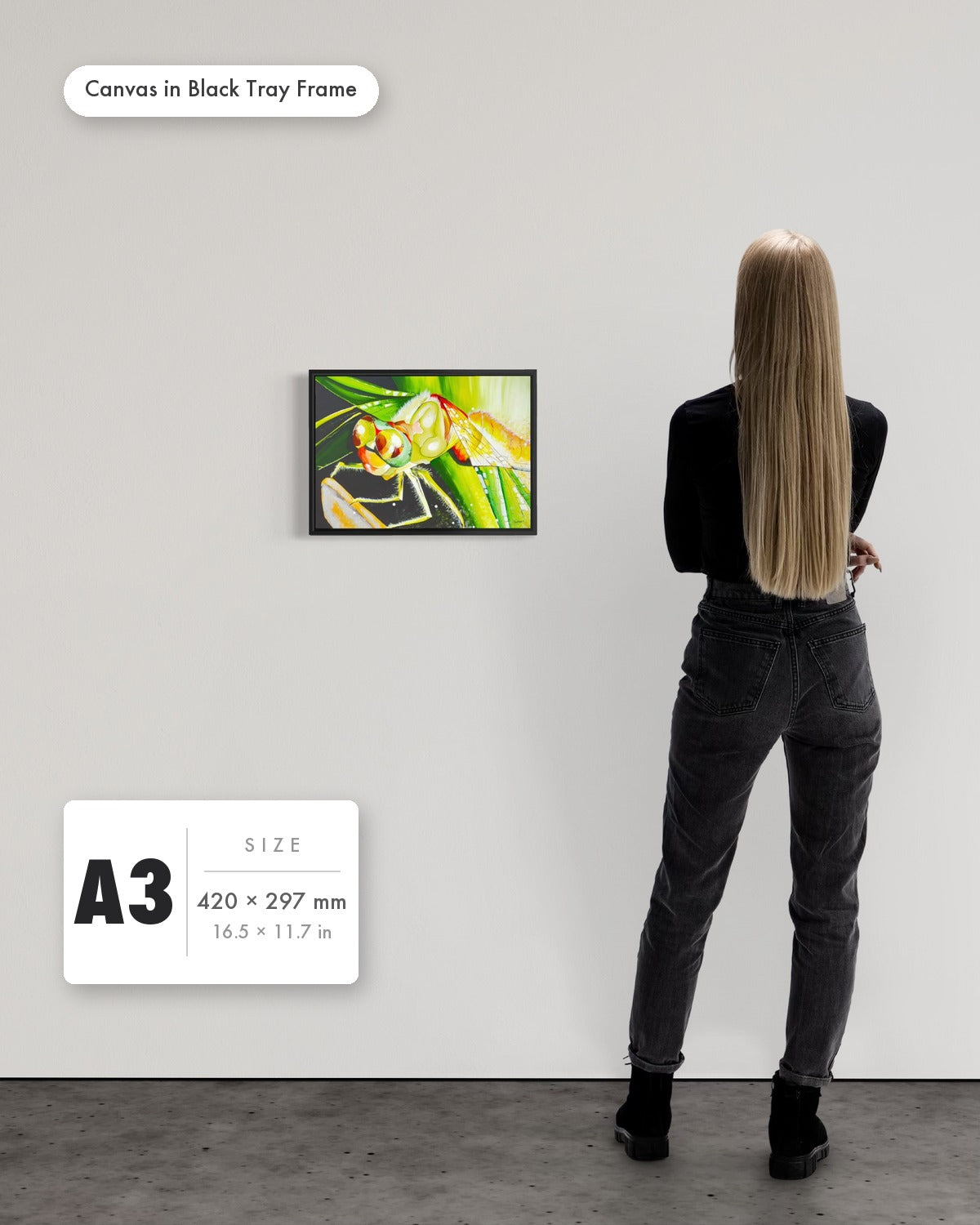 Andrea Nicole 'Just For a Moment' fine art canvas in a black tray float frame, A3 — shown to scale on a gallery wall with a size guide card. | an:family=canvas;role=sizeref;size=A3;finish=black