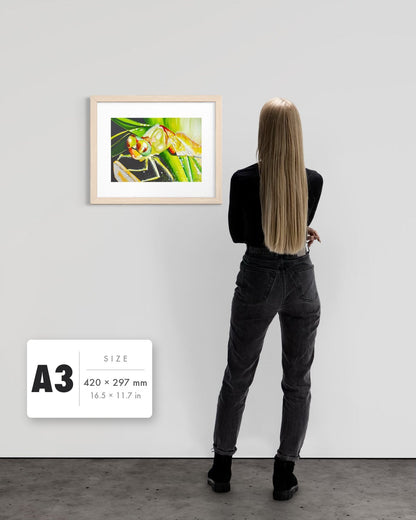 Just For a Moment — A3 (420 x 297 mm) natural frame art print shown to scale beside a person, with a size guide card. | an:family=print;role=sizeref;size=A3;finish=natural