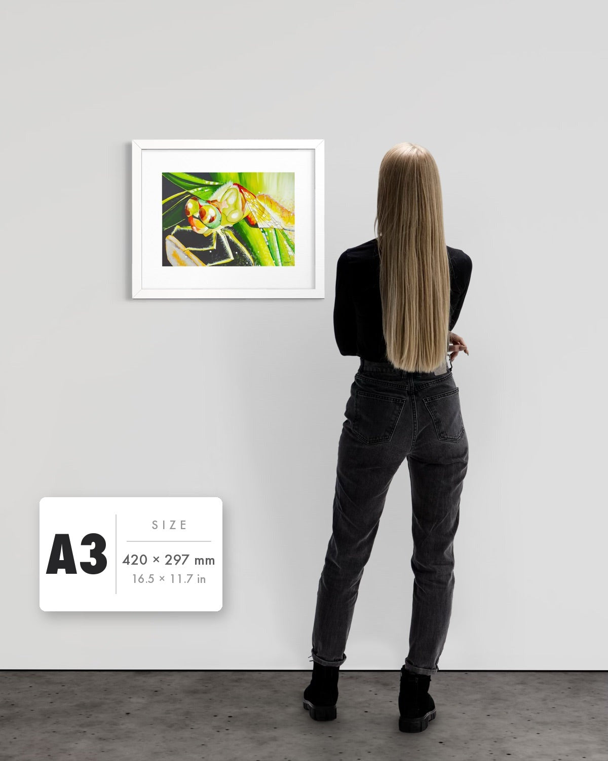 Just For a Moment — A3 (420 x 297 mm) white frame art print shown to scale beside a person, with a size guide card. | an:family=print;role=sizeref;size=A3;finish=white