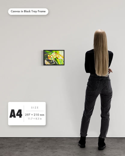 Andrea Nicole 'Just For a Moment' fine art canvas in a black tray float frame, A4 — shown to scale on a gallery wall with a size guide card. | an:family=canvas;role=sizeref;size=A4;finish=black