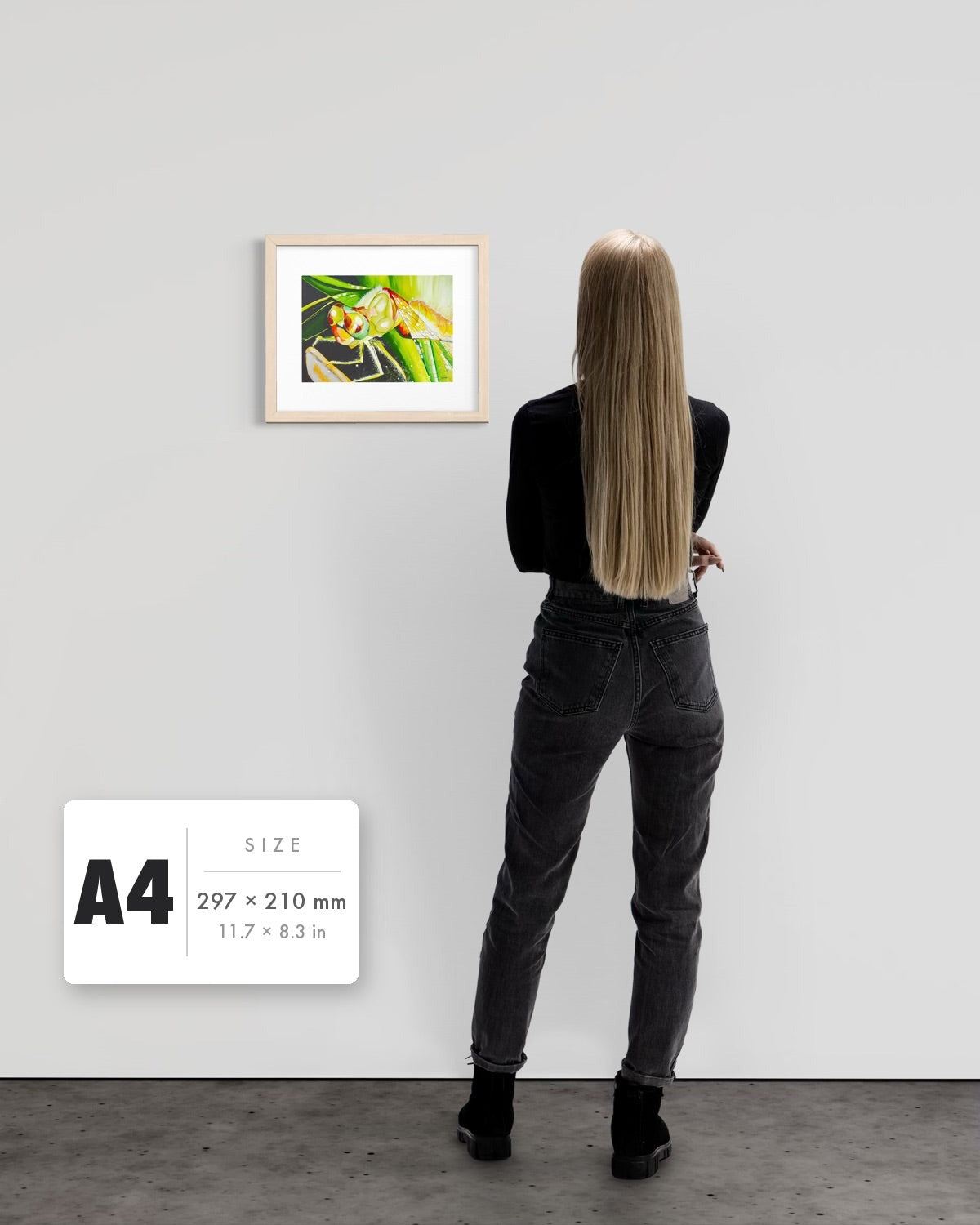 Just For a Moment — A4 (297 x 210 mm) natural frame art print shown to scale beside a person, with a size guide card. | an:family=print;role=sizeref;size=A4;finish=natural