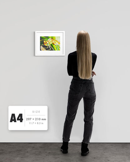 Just For a Moment — A4 (297 x 210 mm) white frame art print shown to scale beside a person, with a size guide card. | an:family=print;role=sizeref;size=A4;finish=white