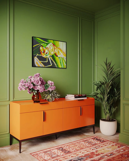 Andrea Nicole 'Just For a Moment' fine art canvas in a black tray float frame, shown on the wall in a styled room setting. | an:family=canvas;role=hero;finish=black;scene=black_1