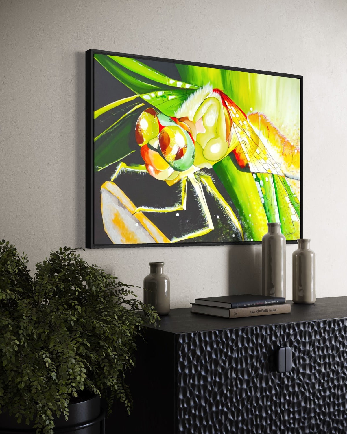 Andrea Nicole 'Just For a Moment' fine art canvas in a black tray float frame, shown on the wall in a styled room setting. | an:family=canvas;role=hero;finish=black;scene=black_2