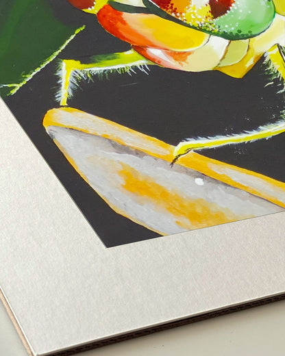 Andrea Nicole 'Just For a Moment' giclée fine art print in an off-white window mount, shown corner-on so the bevel-cut window opening, 100% cotton paper and mount board are visible. | an:family=print;role=mount