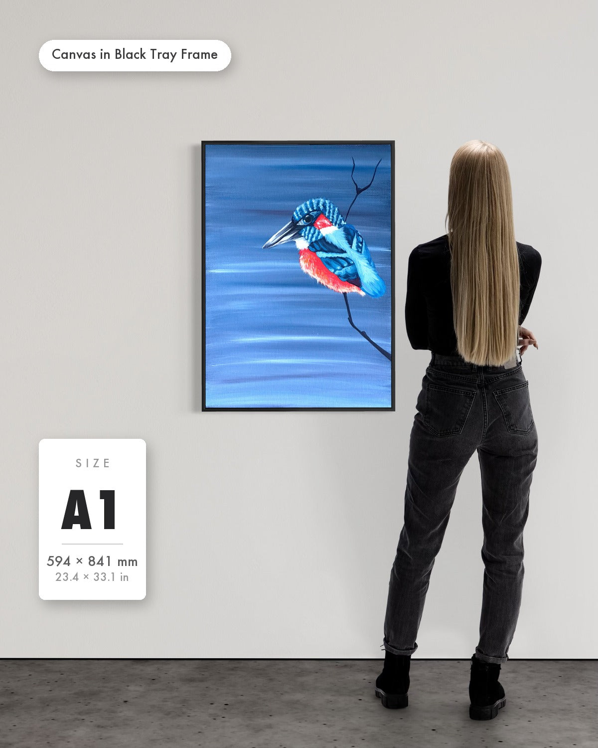 Andrea Nicole 'Patience' fine art canvas in a black tray float frame, A1 — shown to scale on a gallery wall with a size guide card. | an:family=canvas;role=sizeref;size=A1;finish=black