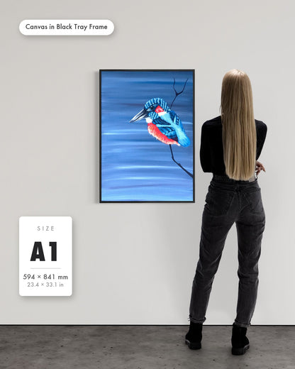 Andrea Nicole 'Patience' fine art canvas in a black tray float frame, A1 — shown to scale on a gallery wall with a size guide card. | an:family=canvas;role=sizeref;size=A1;finish=black