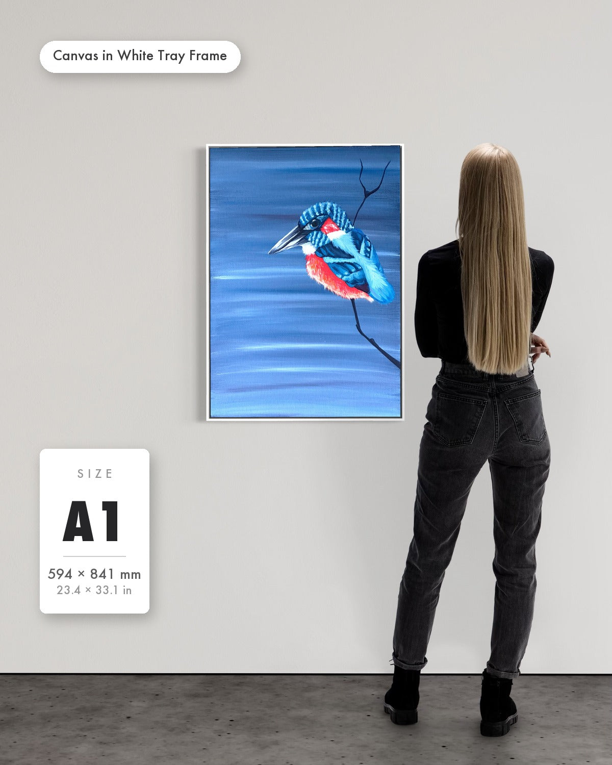 Andrea Nicole 'Patience' fine art canvas in a white tray float frame, A1 — shown to scale on a gallery wall with a size guide card. | an:family=canvas;role=sizeref;size=A1;finish=white