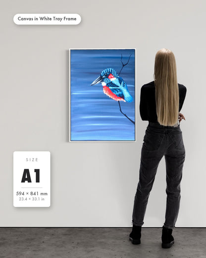 Andrea Nicole 'Patience' fine art canvas in a white tray float frame, A1 — shown to scale on a gallery wall with a size guide card. | an:family=canvas;role=sizeref;size=A1;finish=white