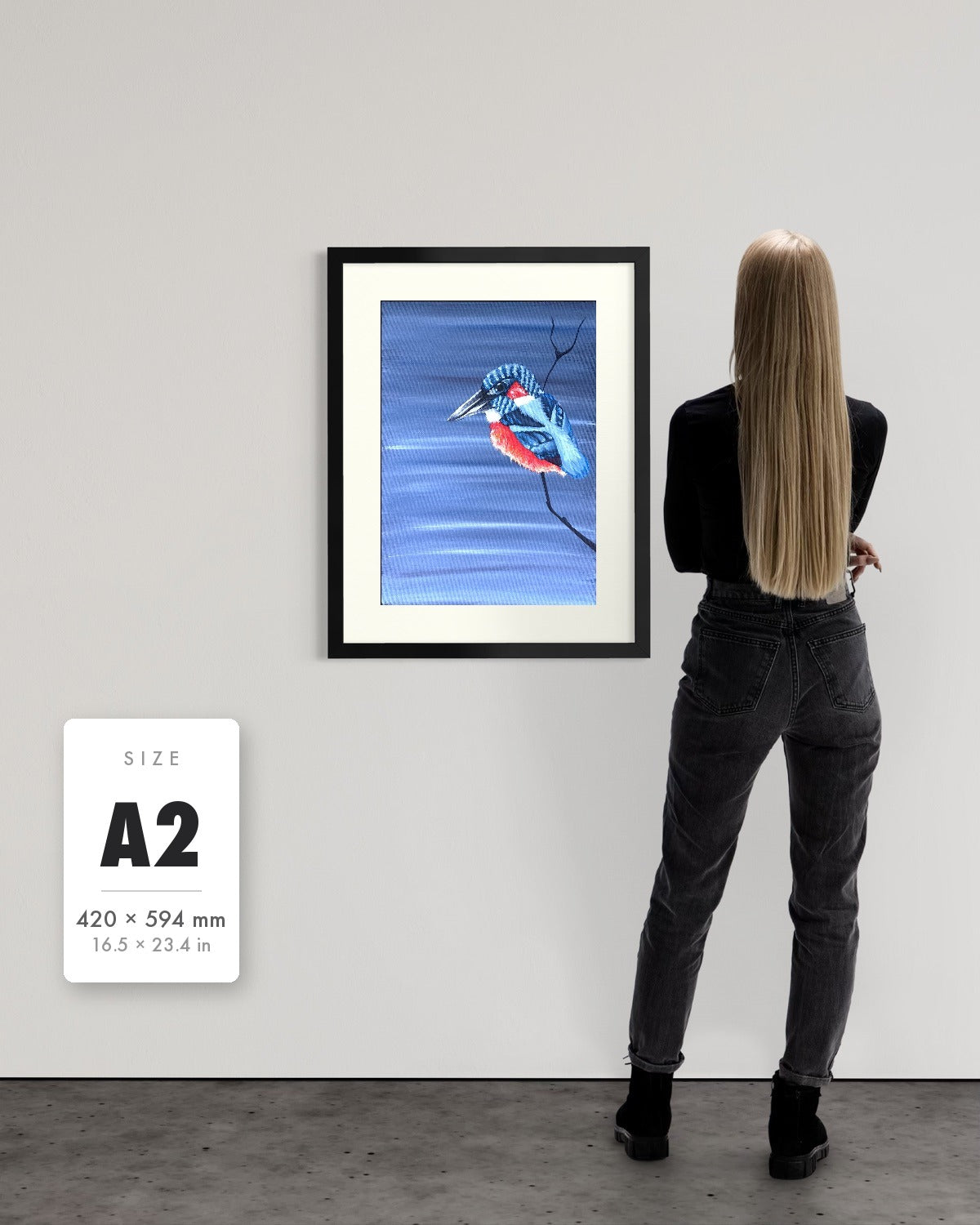 Patience — A2 (420 x 594 mm) black frame art print shown to scale beside a person, with a size guide card. | an:family=print;role=sizeref;size=A2;finish=black