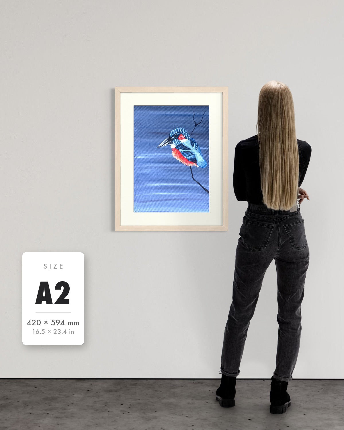 Patience — A2 (420 x 594 mm) natural frame art print shown to scale beside a person, with a size guide card. | an:family=print;role=sizeref;size=A2;finish=natural